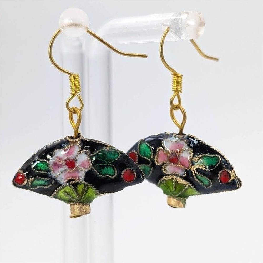 Cloisonne Fan Dangle Earrings Enamel‎ Floral Oriental Novelty Spain Abanicos